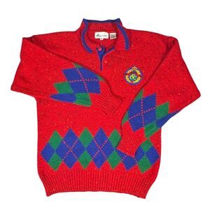 Sportables Men's Vintage Argyle Golf Sweater Red Collared Pullover L